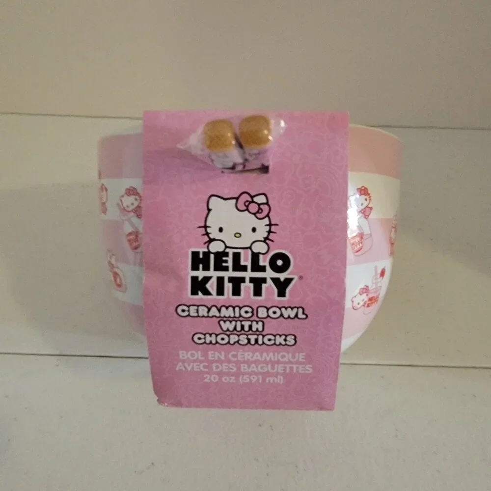 Hello Kitty Tokyo Pink Stripes Ramen Bowl Chopsticks Set New Sanrio Kawaii Ceram